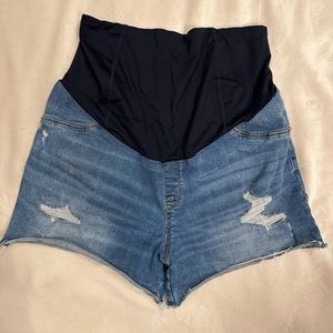 Distressed Denim Stretchy Maternity Shorts with Belly Panel